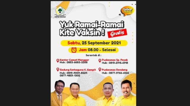 Partai Golkar Gelar Vaksin Gratis Serentak di Pangkalpinang dan Belitung Timur
