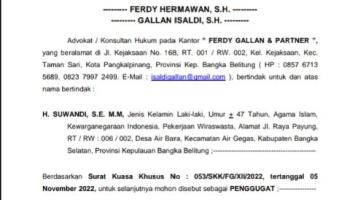 PANGKALPINANG, BANGKA TERKINI - Warga Bangka Selatan, H. Suwandi resmi daftar gugatan terhadap ANDARTA,