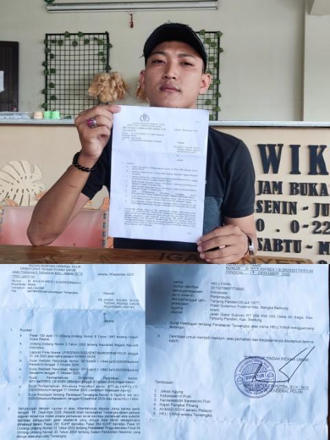 Aktivis Mahasiswa Bangka Belitung, Siddik menunjukkan Surat penetapan tersangka terhadap Hellyana terkait Ijazah Palsu