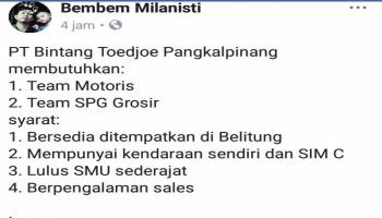 Lamaran ditujukan ke PT Bintang Toedjoe Pangkalpinang, d/a PT Enseval,,